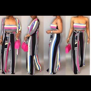 New Sexy Stripe 3 Piece Wide Leg Pant Set